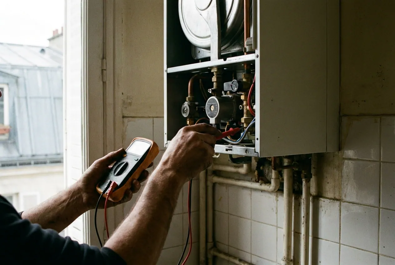 Chauffagiste contrôlant une chaudière gaz murale lors de l'entretien annuel dans un appartement parisien