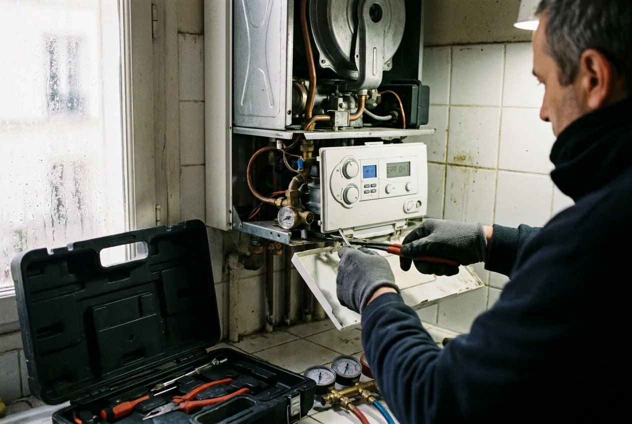 Chaudière gaz en panne affichant un code erreur dans une cuisine d'appartement à Paris en hiver