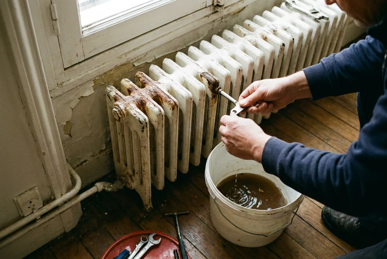 Purge d'un radiateur en fonte froid en haut dans un appartement parisien